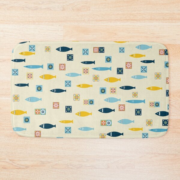 Item preview, Fun beige pattern of sardines and colorful tiles  designed and sold by ElizabethCoelho.