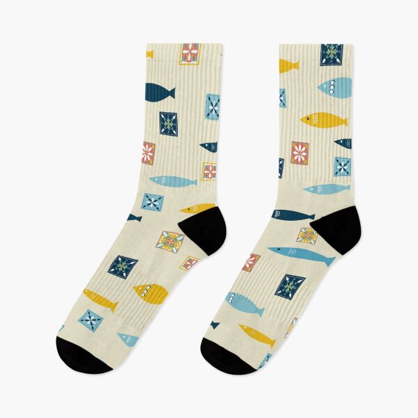 Item preview, Fun beige pattern of sardines and colorful tiles  designed and sold by ElizabethCoelho.