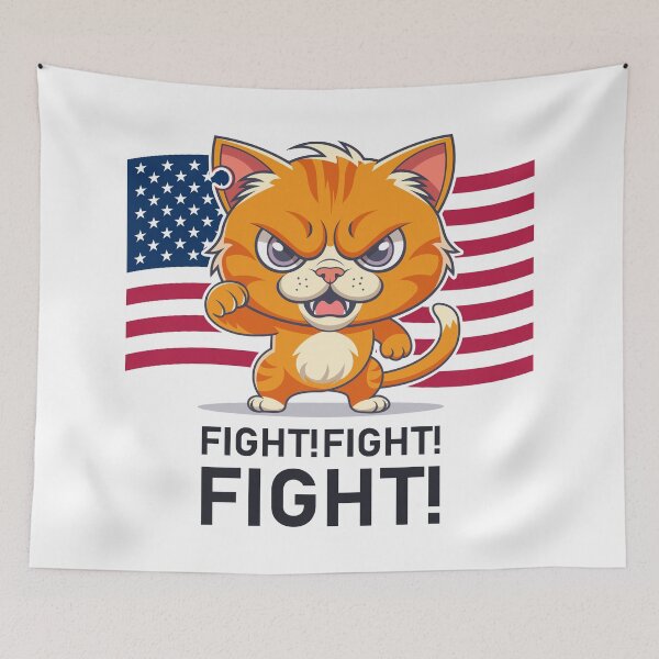 Item preview, Red menacing angry dissatisfied cat with a raised paw with a fist. Inscription, fight, fight, fight and USA flag. Torn or shot ear. designed and sold by GAleksS.