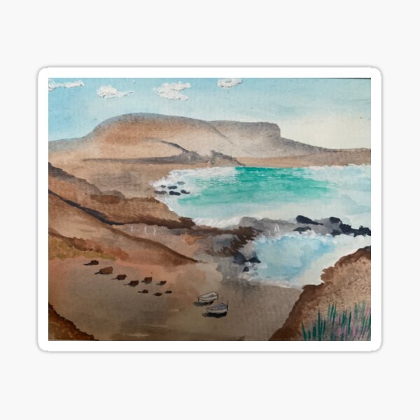 Lanzarote in January. Watercolour of a little beach in Los Volcanes National Park Sticker