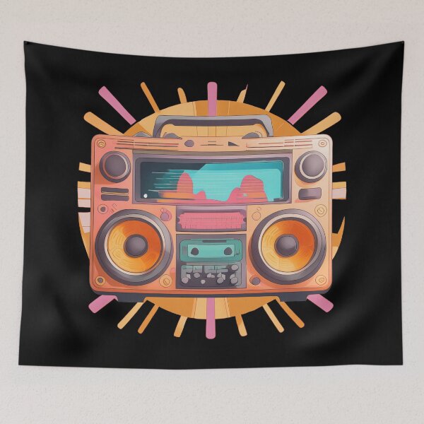 Item preview, Coloful betro 80s boombox with a sunburst in the background designed and sold by analogsandpixel.