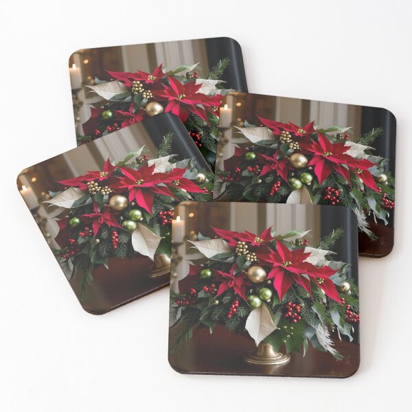 Item preview, Elegant Holiday Poster - Lush Poinsettias, Holly, and Mistletoe with Gold Accents and Ribbons - Festive Christmas Wall Art designed and sold by Inkbourne Studio.