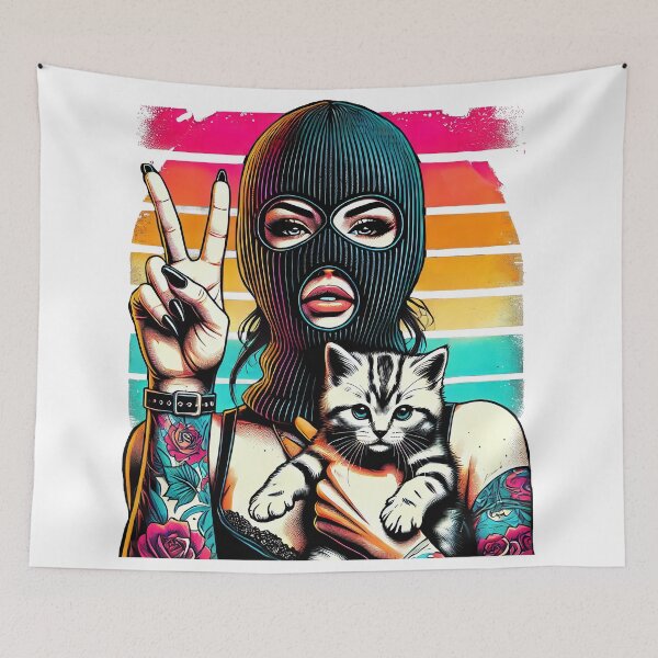 Item preview, Dangerous Ski Mask Girl with Makeup, Tattoos and Cat with Peace Sign designed and sold by KawaiiCherryPie.