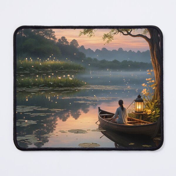 Item preview, Golden hour paints the tranquil lake with vibrant hues, a solitary boat casting a long shadow as nature's masterpiece unfolds designed and sold by Sijtipat.