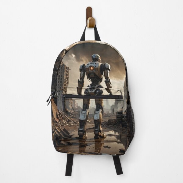 Item preview, robot standing in a dystopian cityscape after the end of human civilization designed and sold by dimitrisbar.