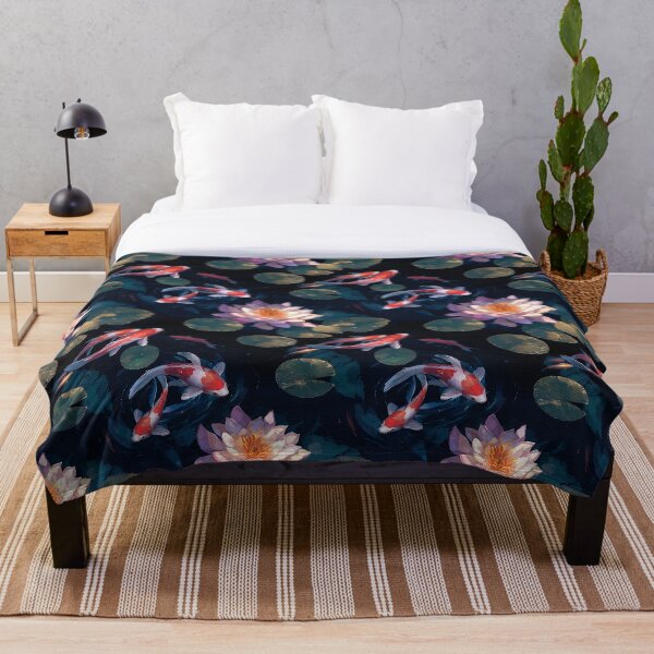 Artikelvorschau, Kopie einer Aquarell-Seerose mit Blumen und chinesischem Koi-Fisch-Muster auf Schwarz entworfen und verkauft von DariyaDell.