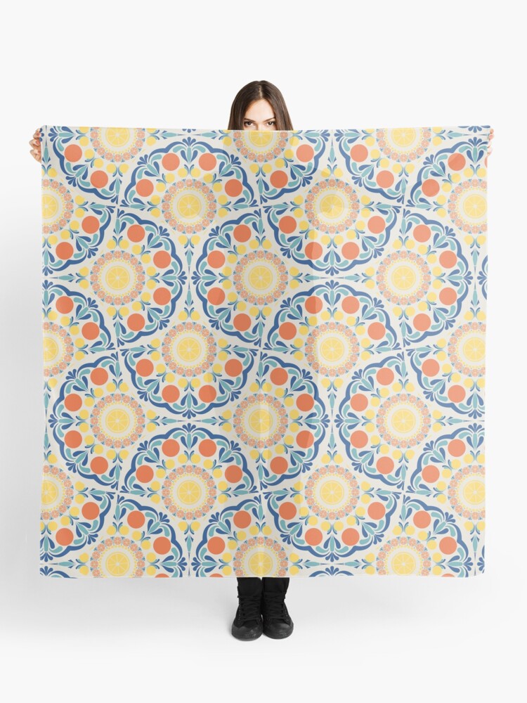 Scarf, Aegean Summer Oranges And Lemons Art Deco Fans designed and sold by Triplicate Limited