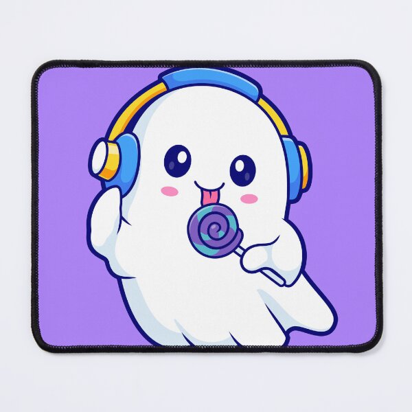 Item preview, Cute Ghost Eating Lollipop Candy with Headphones Cartoon Vector Icon Illustration designed and sold by hjian8219.