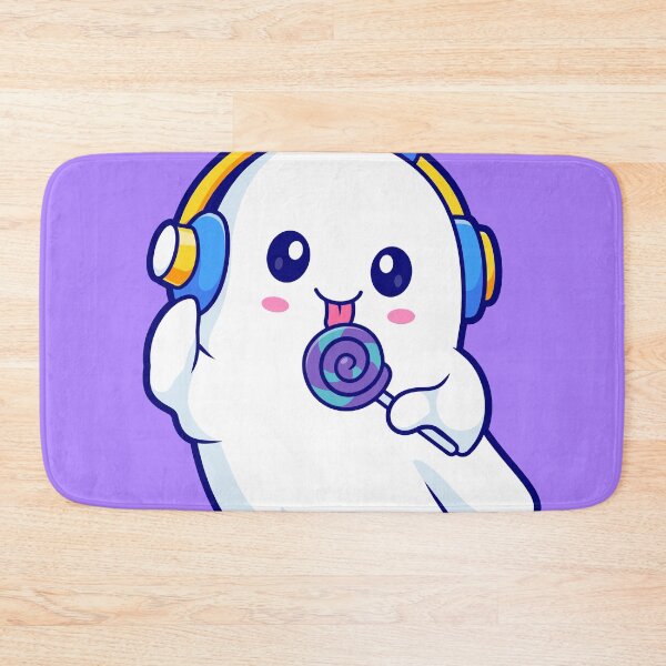 Item preview, Cute Ghost Eating Lollipop Candy with Headphones Cartoon Vector Icon Illustration designed and sold by hjian8219.