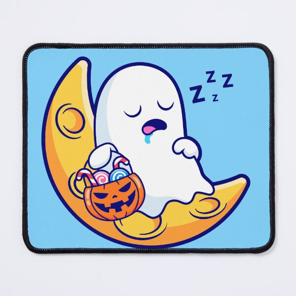 Item preview, Cute Ghost Sleeping on Moon with Candy Pumpkin Basket Cartoon Vector Icon Illustration designed and sold by hjian8219.