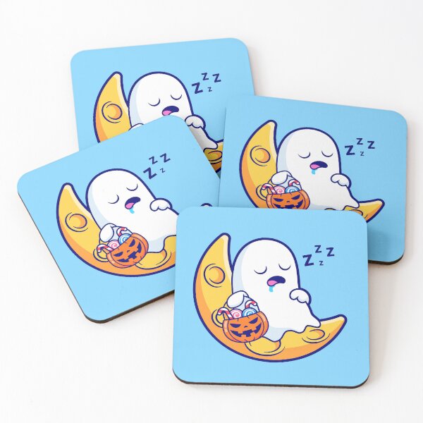 Item preview, Cute Ghost Sleeping on Moon with Candy Pumpkin Basket Cartoon Vector Icon Illustration designed and sold by hjian8219.