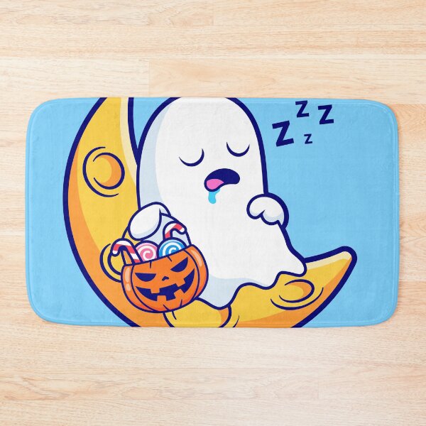 Item preview, Cute Ghost Sleeping on Moon with Candy Pumpkin Basket Cartoon Vector Icon Illustration designed and sold by hjian8219.
