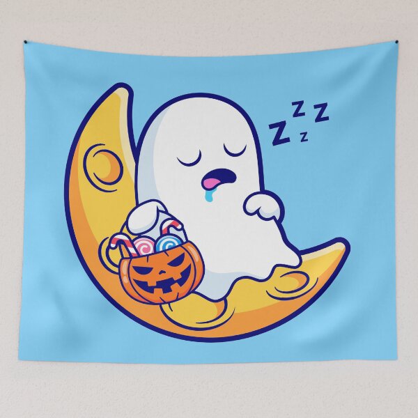 Item preview, Cute Ghost Sleeping on Moon with Candy Pumpkin Basket Cartoon Vector Icon Illustration designed and sold by hjian8219.