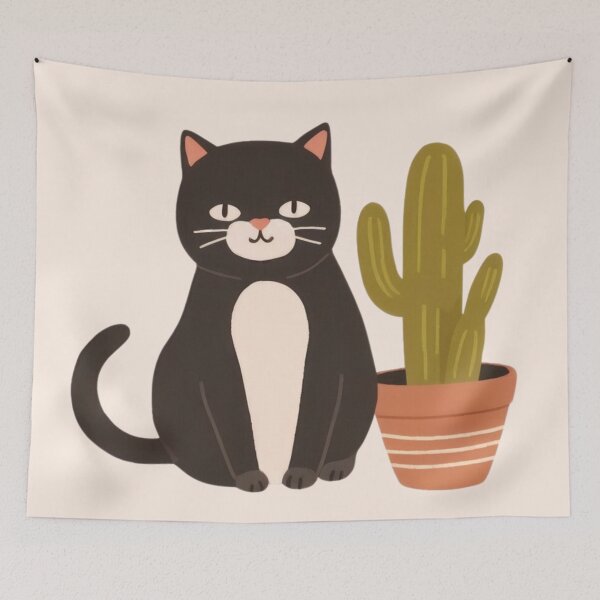Item preview, Cute chubby funny kitty is guarding a cactus in a clay pot. designed and sold by SaraSumi.