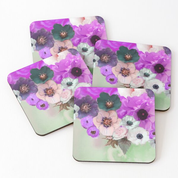 Item preview, PURPLE  PINK WHITE ROSES ,ANEMONE FLOWERS ,TEAL GREEN FLORAL designed and sold by BulganLumini.