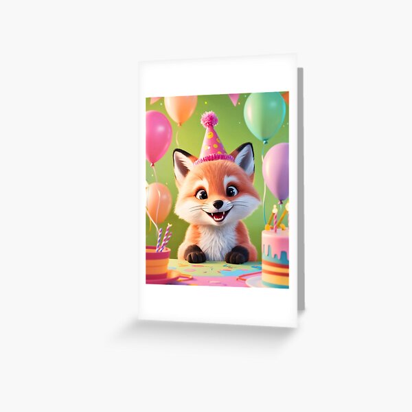 Birthday Celebration. Birthday Fox. Adorable fox, birthday balloons, watercolor fox, fox drawing, floral fox Greeting Card