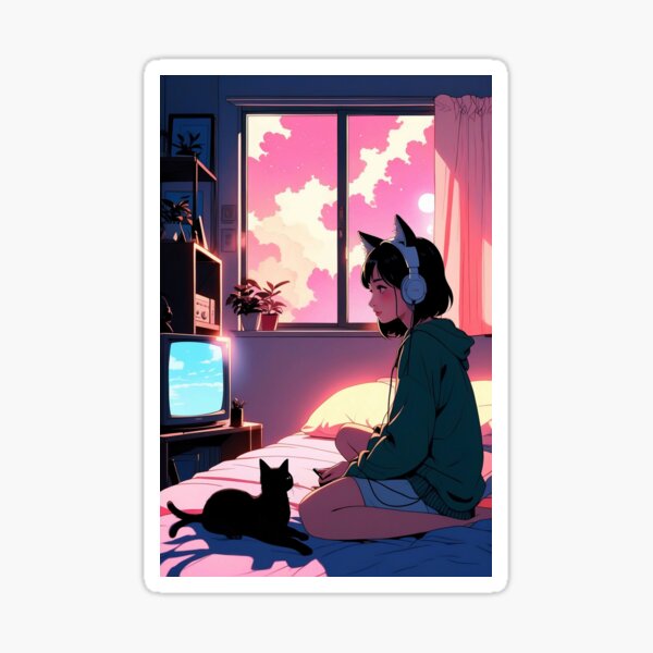 Aperçu de l'œuvre Ghibli Style Lo-Fi Girl dans des écouteurs aux couleurs pastel créée et vendue par Lo-FiVibes.