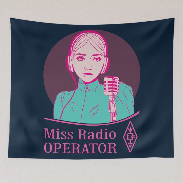 Item preview, Miss Radio Operator - pink cyan beige on dark (dark blue) designed and sold by tuzlay.