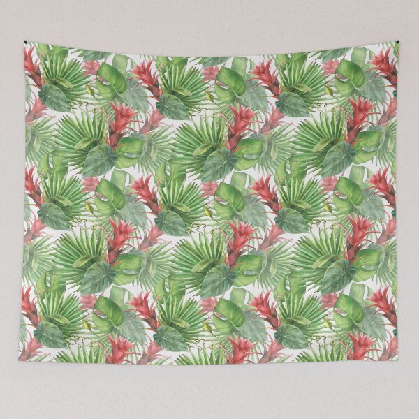 Item preview, Bouquet of tropical leaves and flowers, bud palm, caladium. Seamless pattern Watercolor illustration designed and sold by BartolArt.