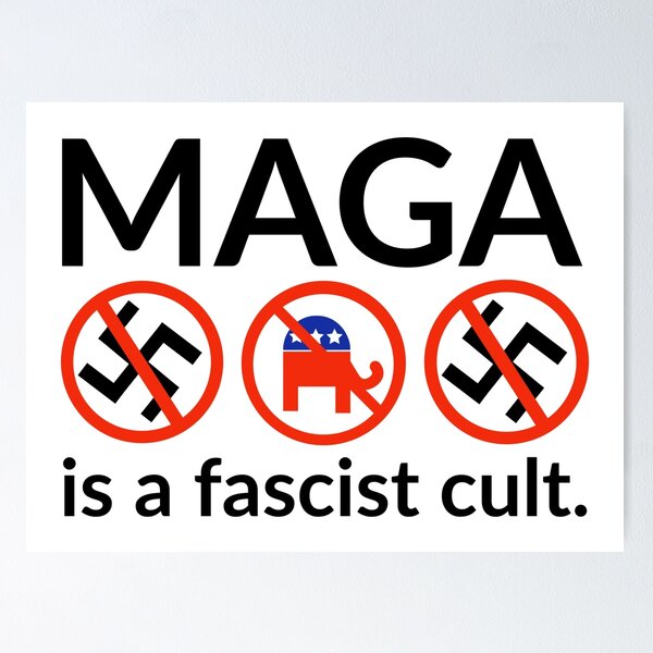 Vista previa del artículo con la obra «MAGA es una secta fascista », diseñado y vendido por Rachel the Artist .