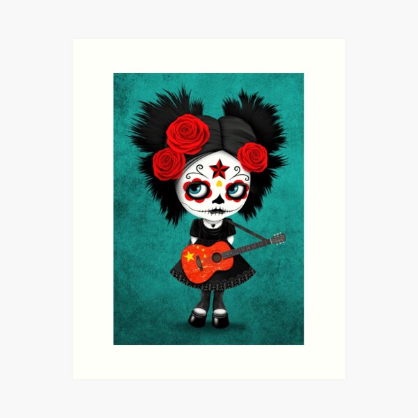 Item preview, Fille de crâne de sucre jouant la guitare de drapeau chinois designed and sold by JeffBartels.