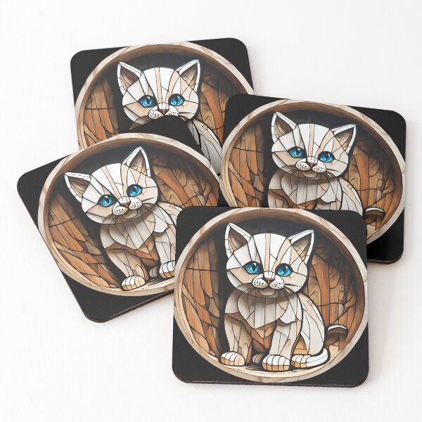 Item preview, Stained Glass Wooden Cute White Cat 3D - Graffiti Style Pyrography designed and sold by Monika Turemka.