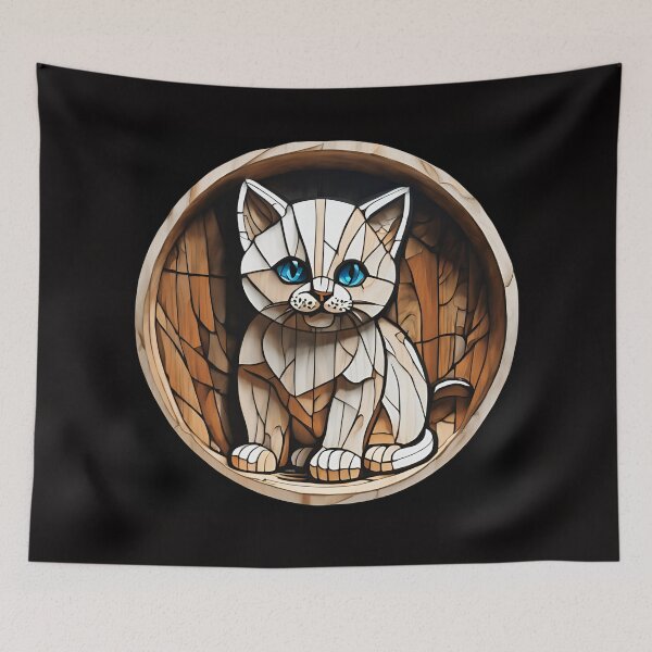 Item preview, Stained Glass Wooden Cute White Cat 3D - Graffiti Style Pyrography designed and sold by Monika Turemka.