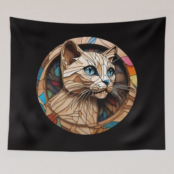 Item preview, Stained Glass Woode Cat, Blue Eyes 3D - Graffiti Style Pyrography designed and sold by Monika Turemka.