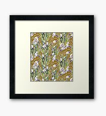 Crocuses, floral pattern in green, olive and white Framed Print