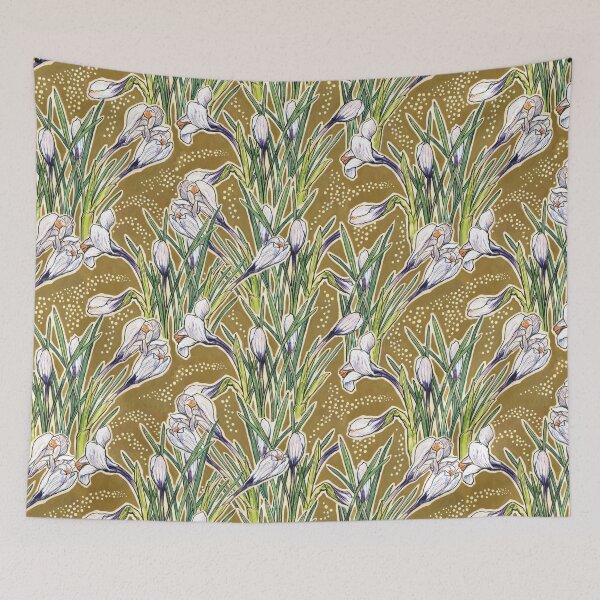 Item preview, Blooming Crocuses, Spring Flowers Floral Pattern, Olive Green White  designed and sold by Julia Khoroshikh.