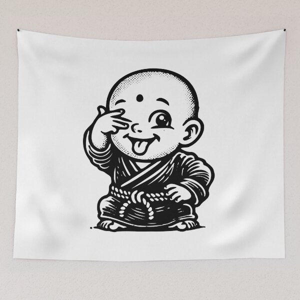 Item preview, Playful Baby Monk - Black and White Cartoon Illustration designed and sold by KARTICK DUTTA.