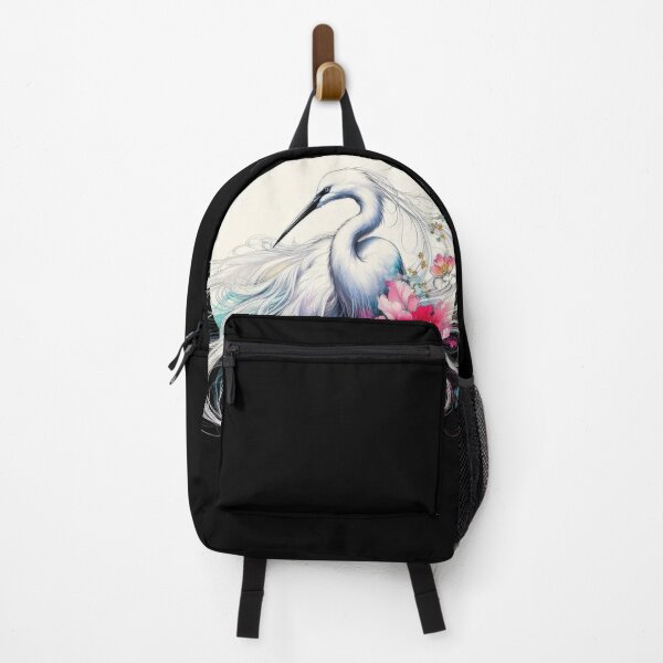 Item preview, Japanese Calligraphy Egret and and flowers , sakura Tranquil Sumi-e designed and sold by NEUMANN ArtWear Boutique.