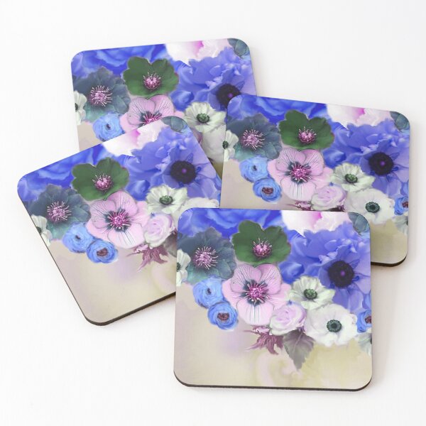 Item preview, BLUE WHITE ROSES ,PINK ANEMONE FLOWERS ELEGANT FLORAL designed and sold by BulganLumini.