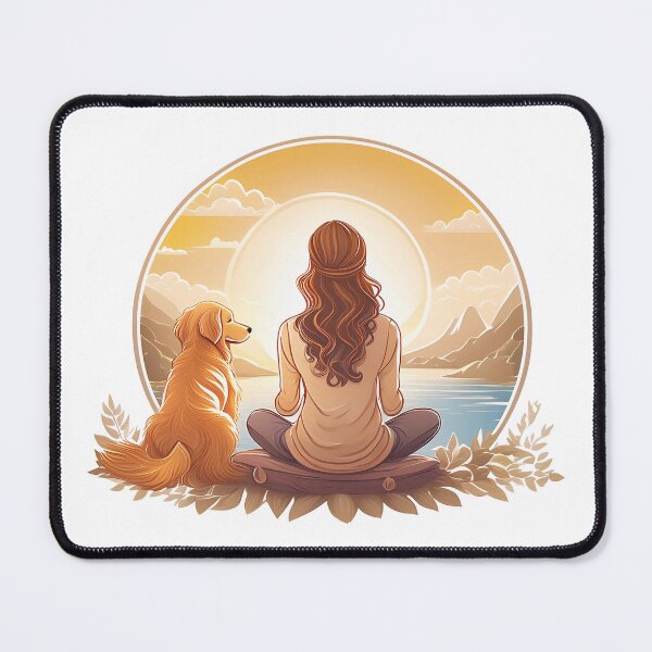 Item preview, peaceful woman and golden retriever dog meditating in the morning designed and sold by planetgolden.
