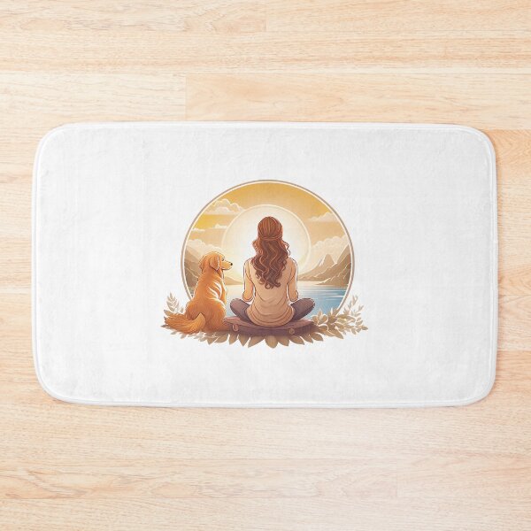 Item preview, peaceful woman and golden retriever dog meditating in the morning designed and sold by planetgolden.