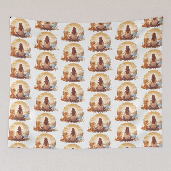Item preview, peaceful woman and golden retriever dog meditating in the morning designed and sold by planetgolden.