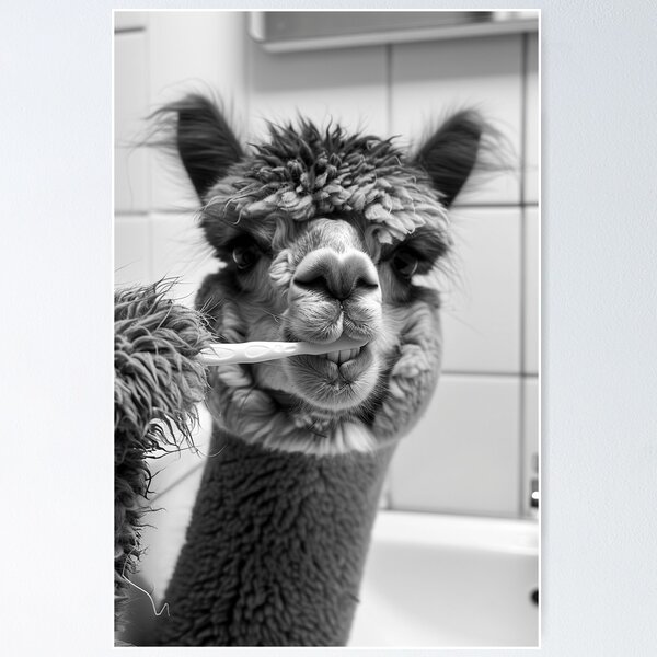 Item preview, Alpaca Brushing Teeth in the Bathroom designed and sold by CheekyAnimalz.