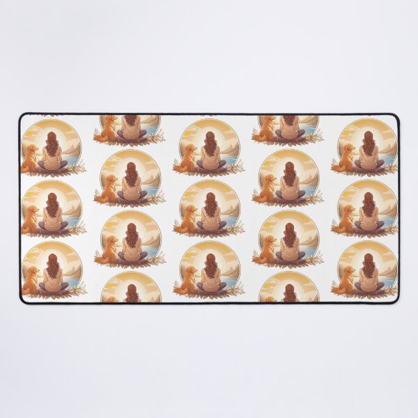 Item preview, peaceful woman and golden retriever dog meditating in the morning designed and sold by planetgolden.