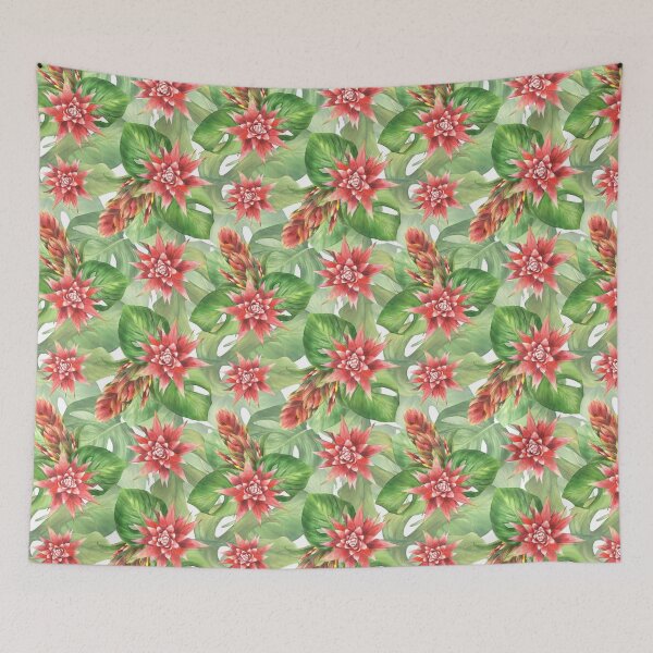 Item preview, Tropical leaves and red flowers, buds. Hawaiian Seamless pattern Watercolor illustration designed and sold by BartolArt.