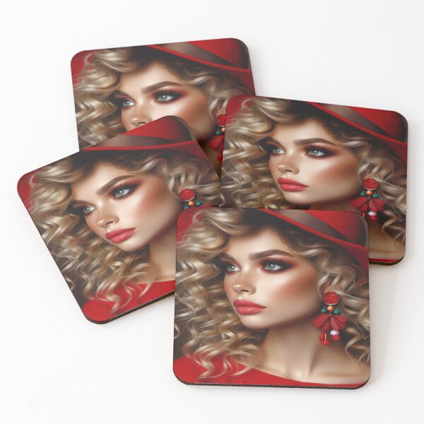 Item preview, Elegance in red: woman with blonde hair and red hat in profile designed and sold by FotoworldEdel.