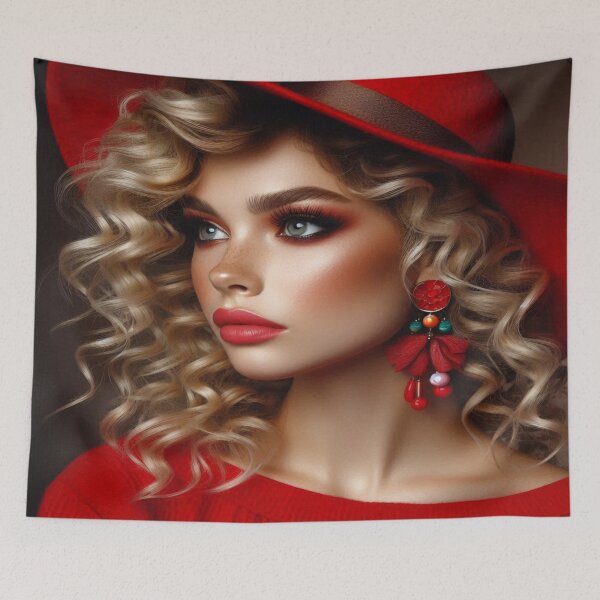 Item preview, Elegance in red: woman with blonde hair and red hat in profile designed and sold by FotoworldEdel.