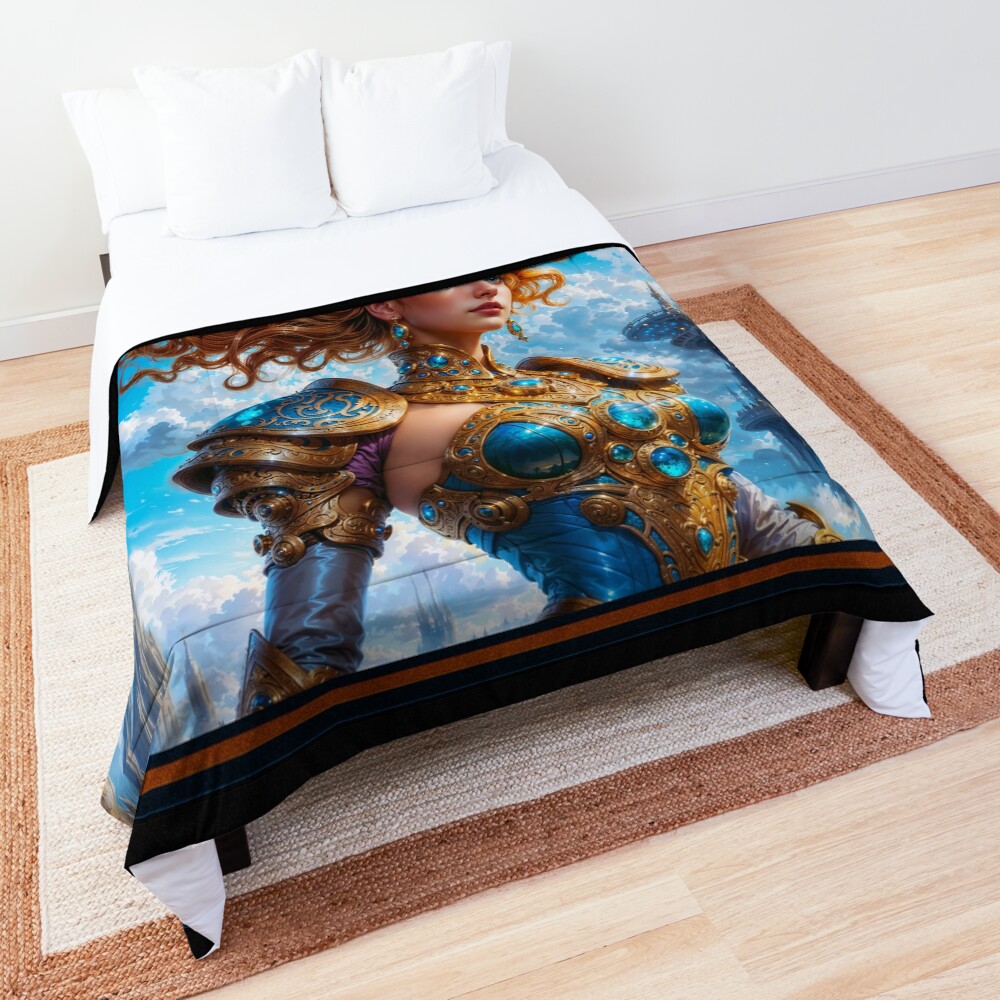 An Aristocratic Young Woman Of The Majestic Sky City Palladian AI Concept Art by Xzendor7 - A Captivating Golden Jewel 3 An Aristocratic Young Woman Of The Majestic Sky City Palladian Striking AI Concept Art by Xzendor7 Decorative Art Print Comforter