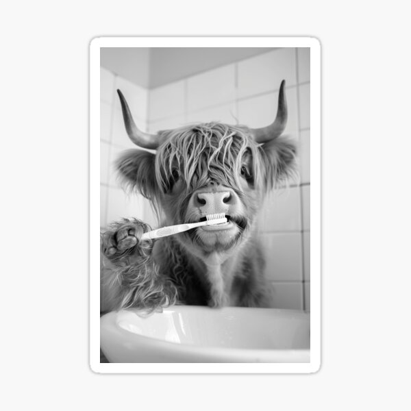 Item preview, Highland Cow Brushing Teeth in the Bathroom designed and sold by CheekyAnimalz.
