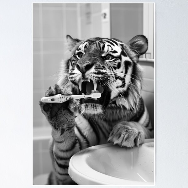 Item preview, Tiger Brushing Teeth in the Bathroom designed and sold by CheekyAnimalz.