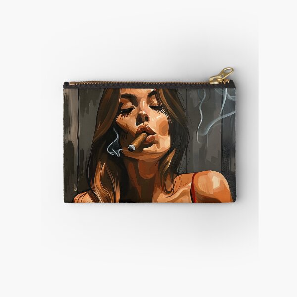 Item preview, Brunette Woman in Red Top Smoking Cuban Cigar - Smoke Swirling Against Dark Wooden Panels AI Generated designed and sold by OlfactoART Studio.