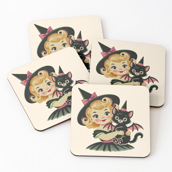 Item preview, Witch with Bat Cat - Pink | Retro Halloween Illustration designed and sold by CalicoCollage.