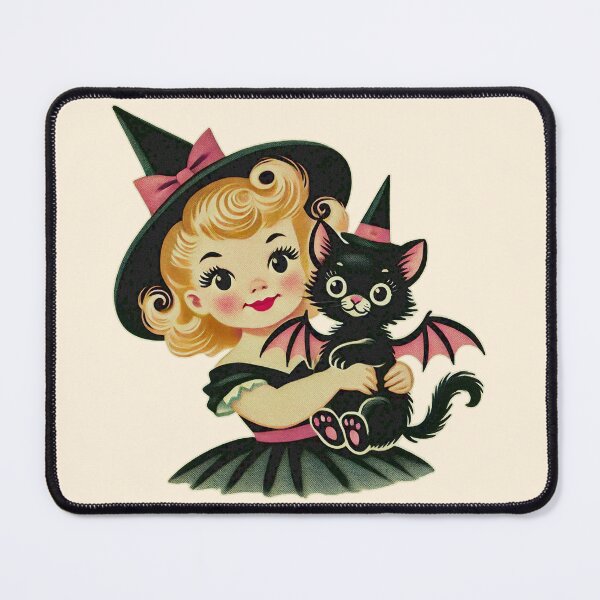 Item preview, Witch with Bat Cat - Pink | Retro Halloween Illustration designed and sold by CalicoCollage.