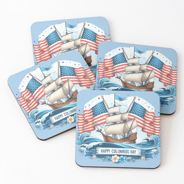 Item preview, Happy Columbus Day Celebration with Tall Ship and American Flags designed and sold by 19Beauty.