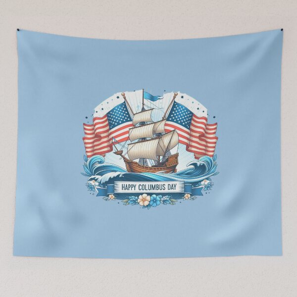 Item preview, Happy Columbus Day Celebration with Tall Ship and American Flags designed and sold by 19Beauty.