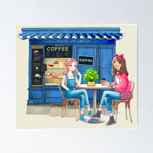 Item preview, Cute friends having tea in a Hanok cafe. designed and sold by artniartni.